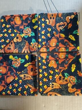 Halloween Pumpkin Fabric Coasters - Orange & Black Holiday Set